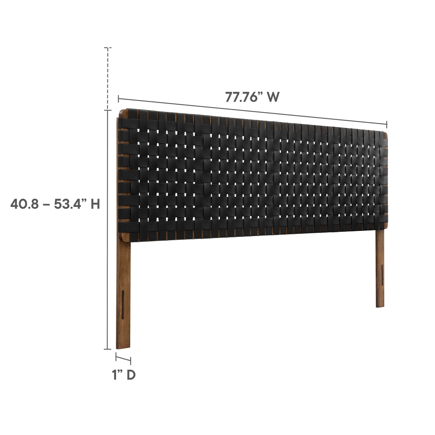 Black Sparta weave vegan leather king headboard, 77.76 in wide, adjustable 40.8–53.4 in high, 1 in depth.