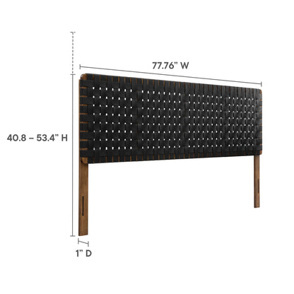 Black Sparta weave vegan leather king headboard, 77.76 in wide, adjustable 40.8–53.4 in high, 1 in depth.