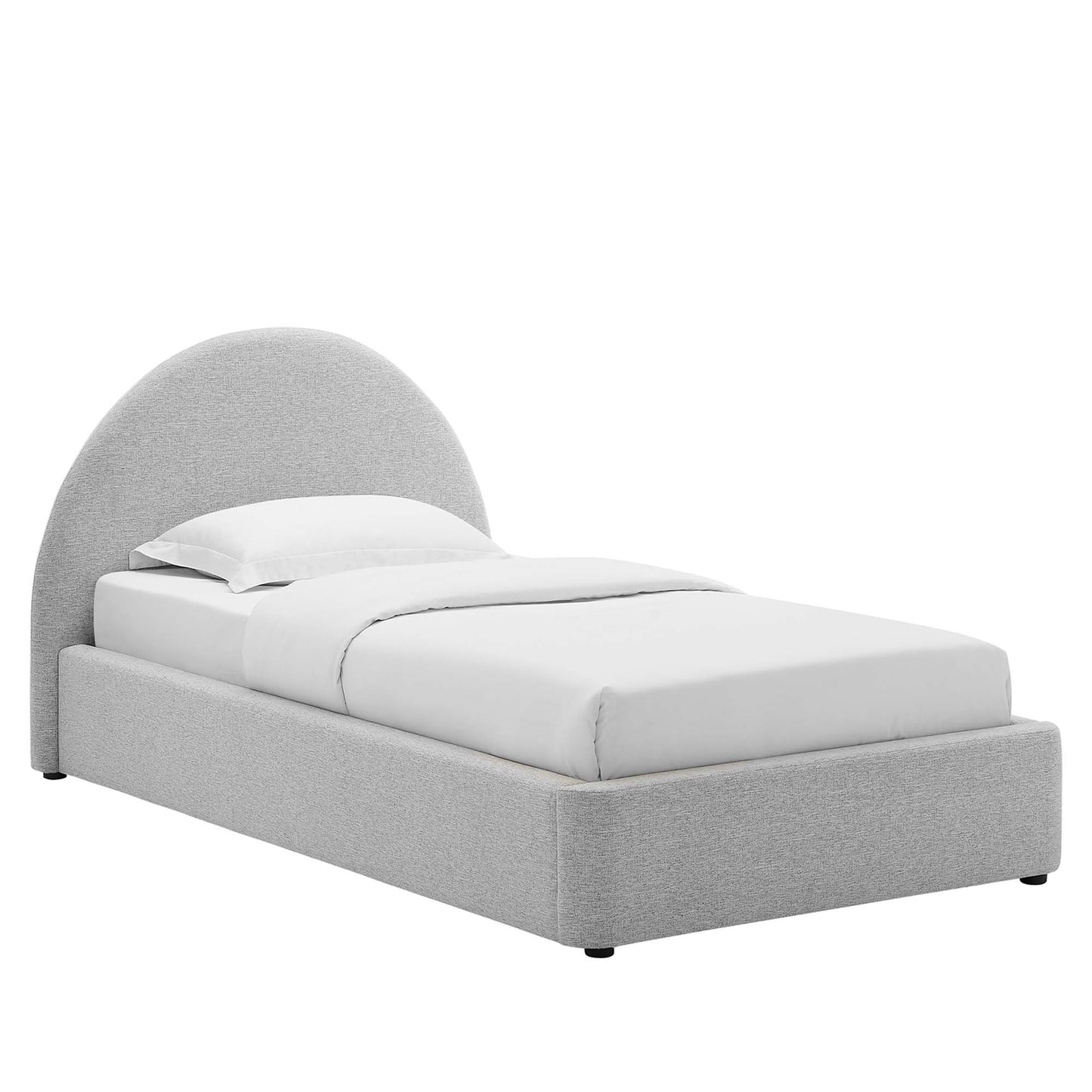 Light gray upholstered platform bed with a rounded arch headboard and white bedding.