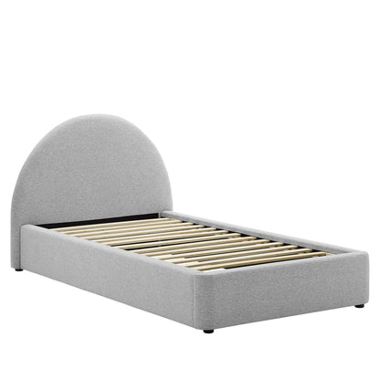 Grey upholstered twin platform bed with rounded arched headboard and wooden slat support