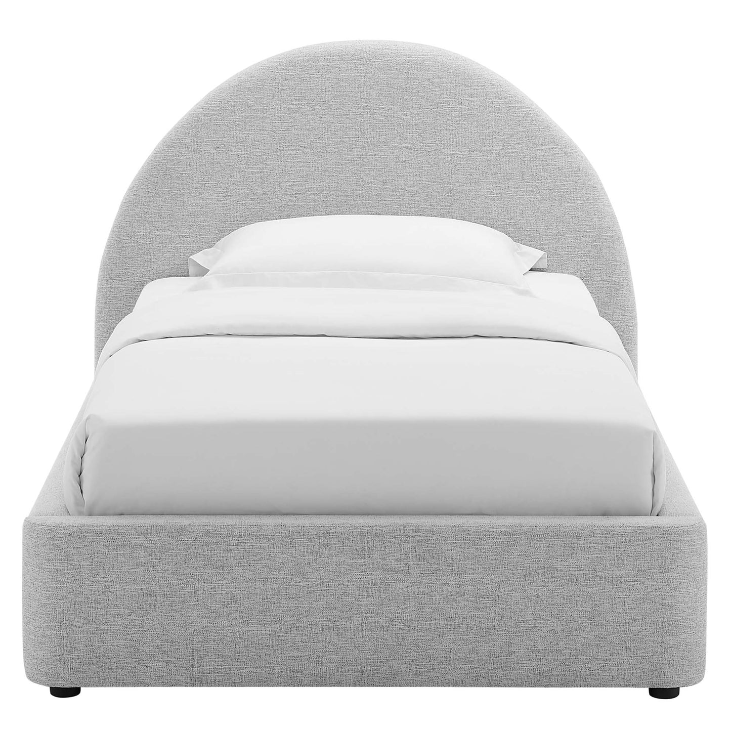 Textured grey upholstered platform bed with a rounded arch headboard and gray bedding.