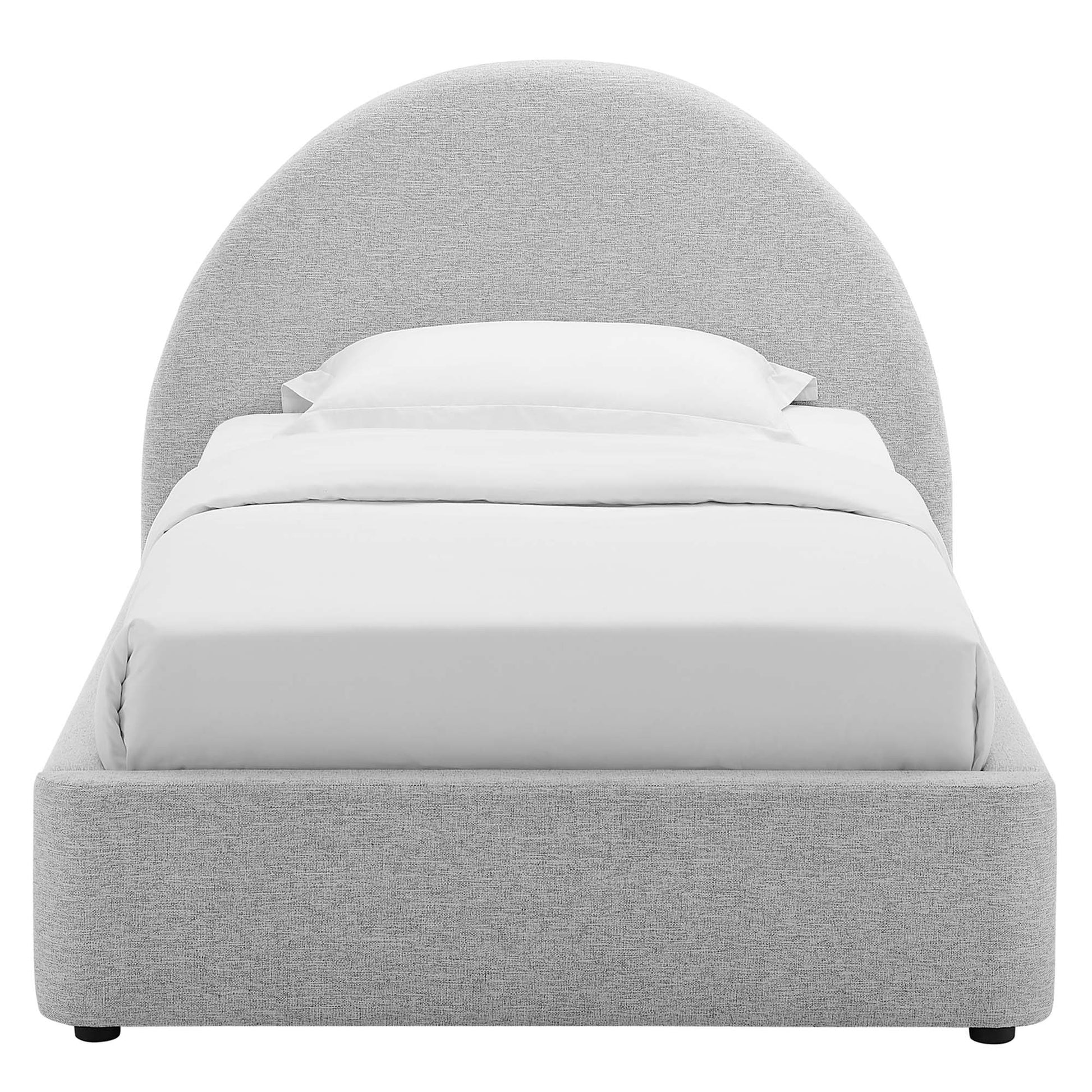 Textured grey upholstered platform bed with a rounded arch headboard and gray bedding.