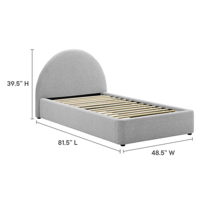 MOD-7128-HLG_6: light gray upholstered platform bed with tall curved headboard and slatted base for modern bedroom