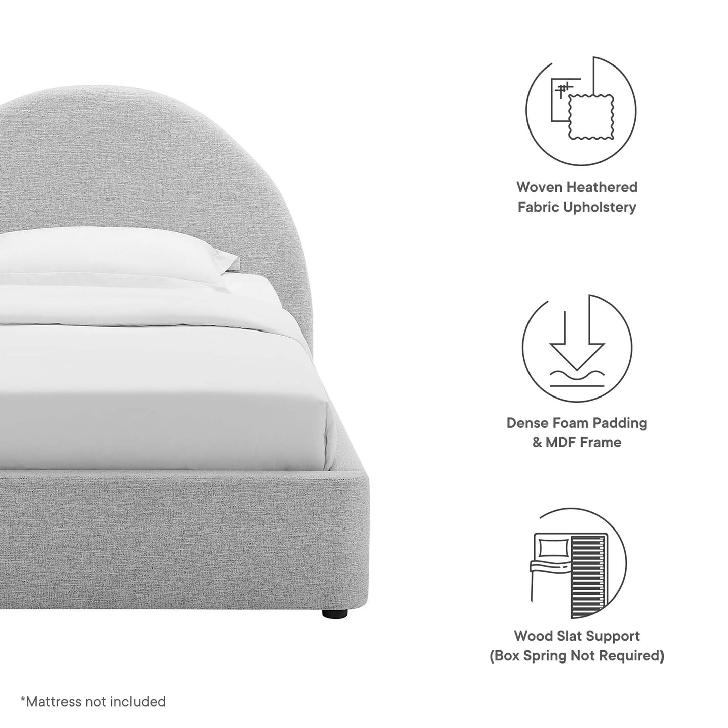 Grey curved upholstered bed with white bedding; heathered fabric, foam padding, MDF frame; wood slat support (no box spring)