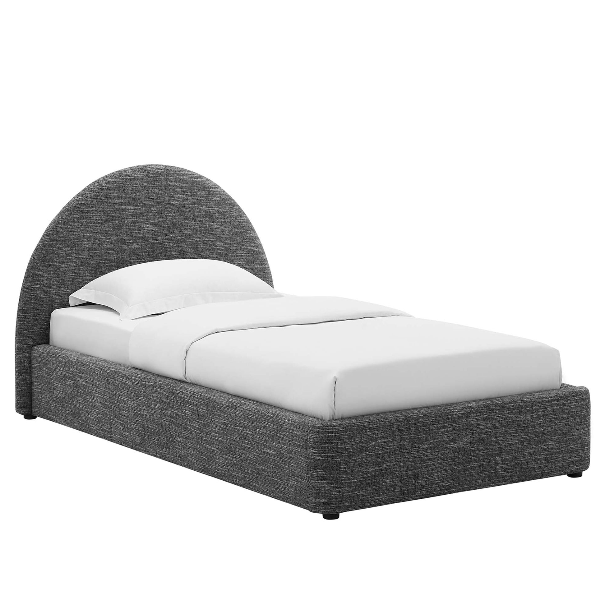 Dark gray upholstered platform bed with curved arch headboard and white bedding.
