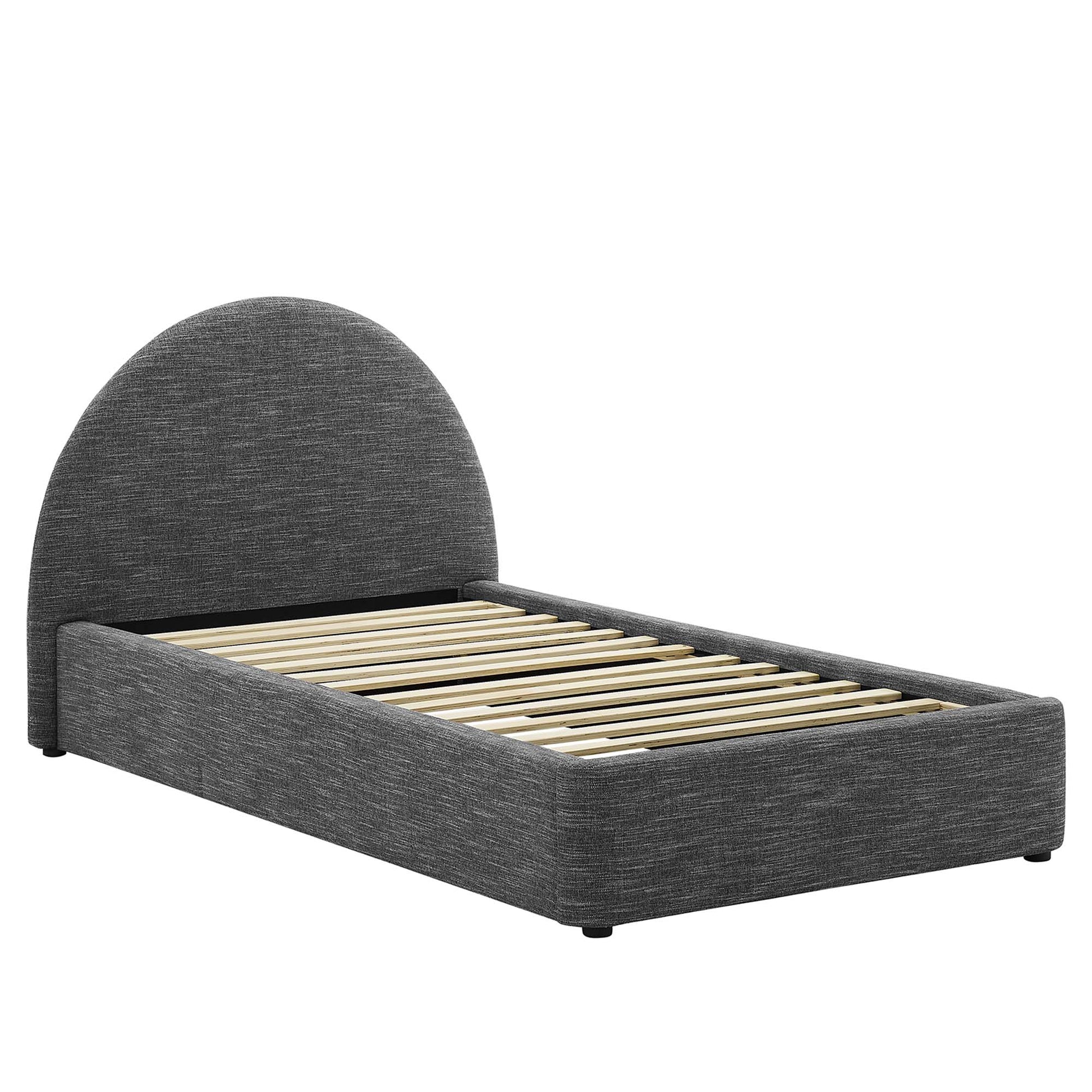 Grey upholstered platform bed frame with a rounded semicircular headboard and wooden slat base.