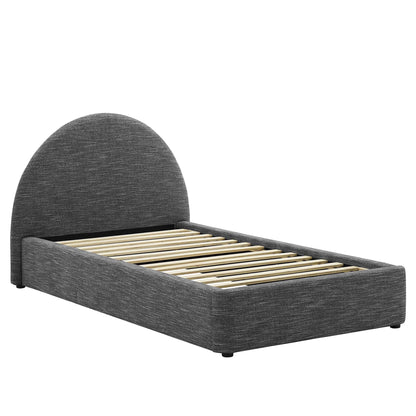 Grey upholstered platform bed frame with a rounded semicircular headboard and wooden slat base.