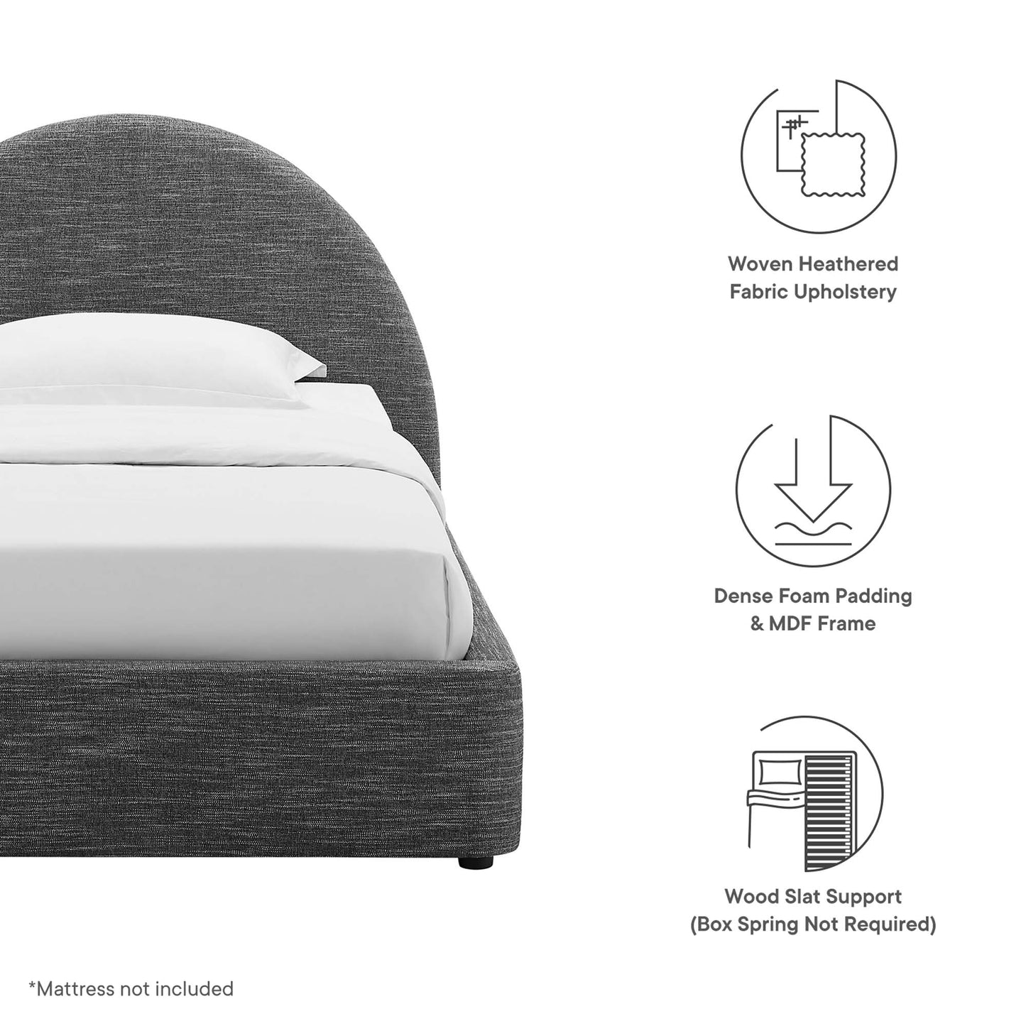 Dark gray upholstered platform bed with curved headboard; woven heather fabric, foam padding, MDF frame, wood slat support.
