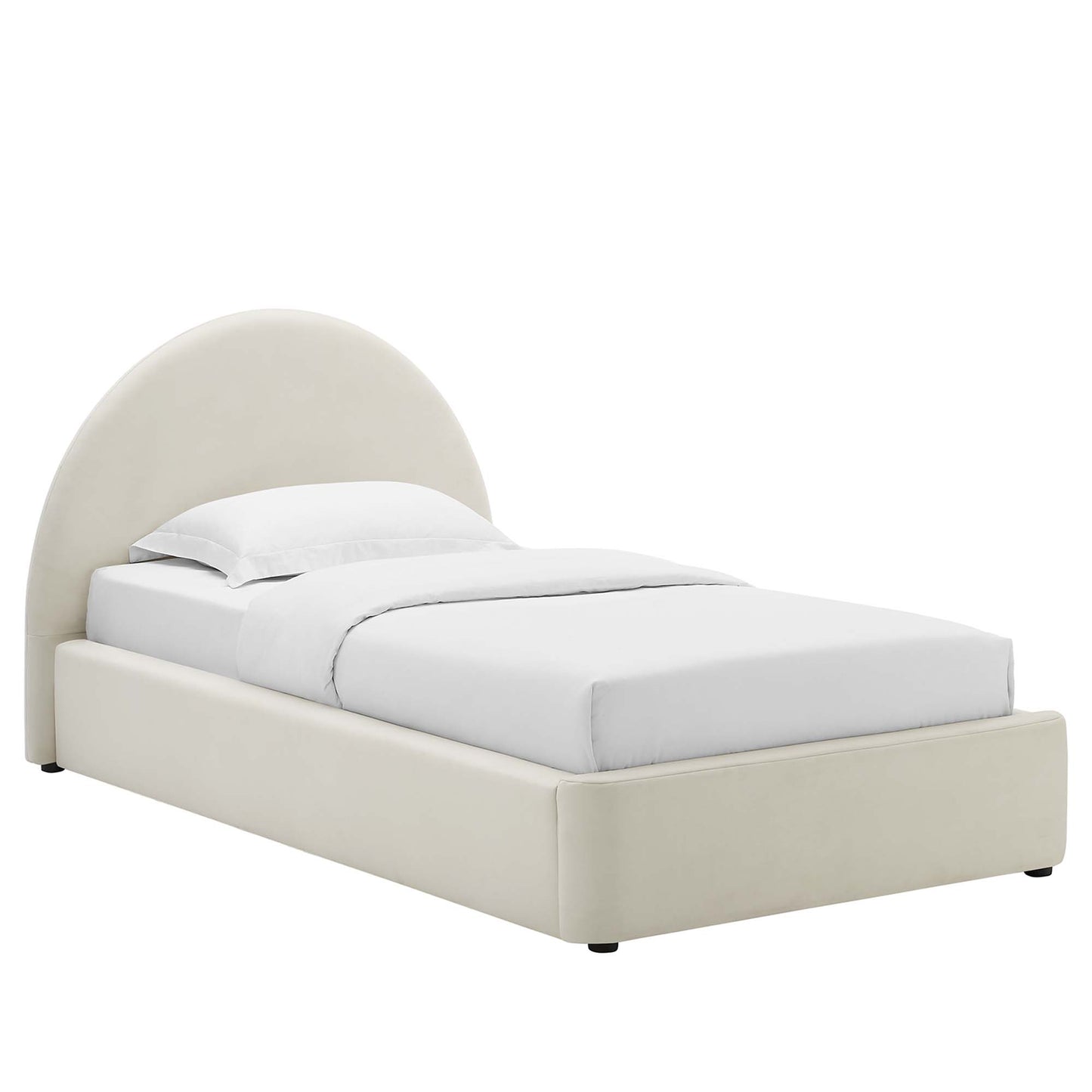 White upholstered twin platform bed with an arched round headboard and white bedding.