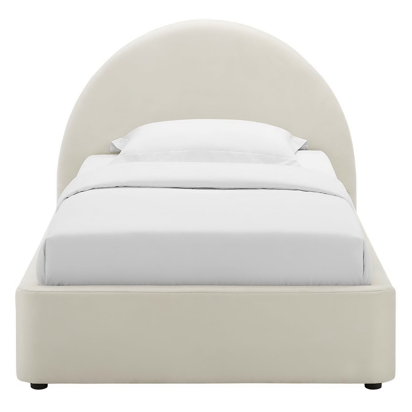 White upholstered platform bed with a tall rounded arch headboard and white bedding.