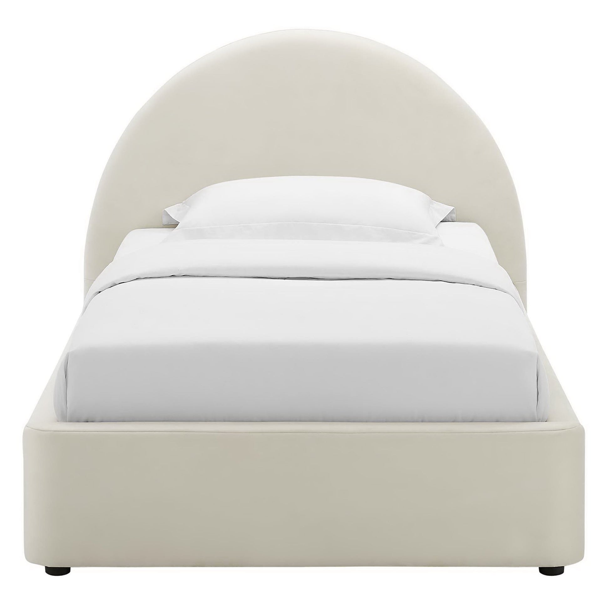 White upholstered platform bed with a tall rounded arch headboard and white bedding.
