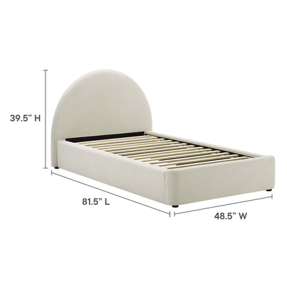 Beige upholstered platform bed with tall curved headboard and wood slat foundation; 81.5 L x 48.5 W x 39.5 H