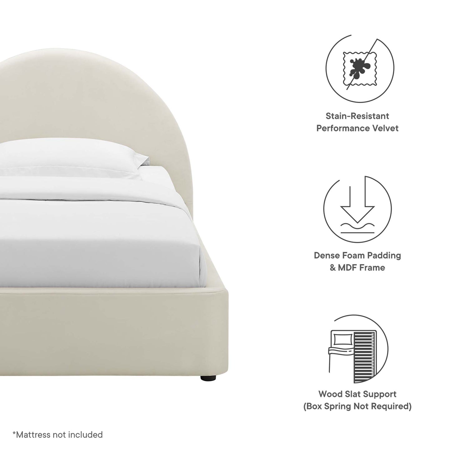 White arched round twin platform bed with white bedding; stain-resistant velvet, dense foam padding & MDF frame, wood slat support.