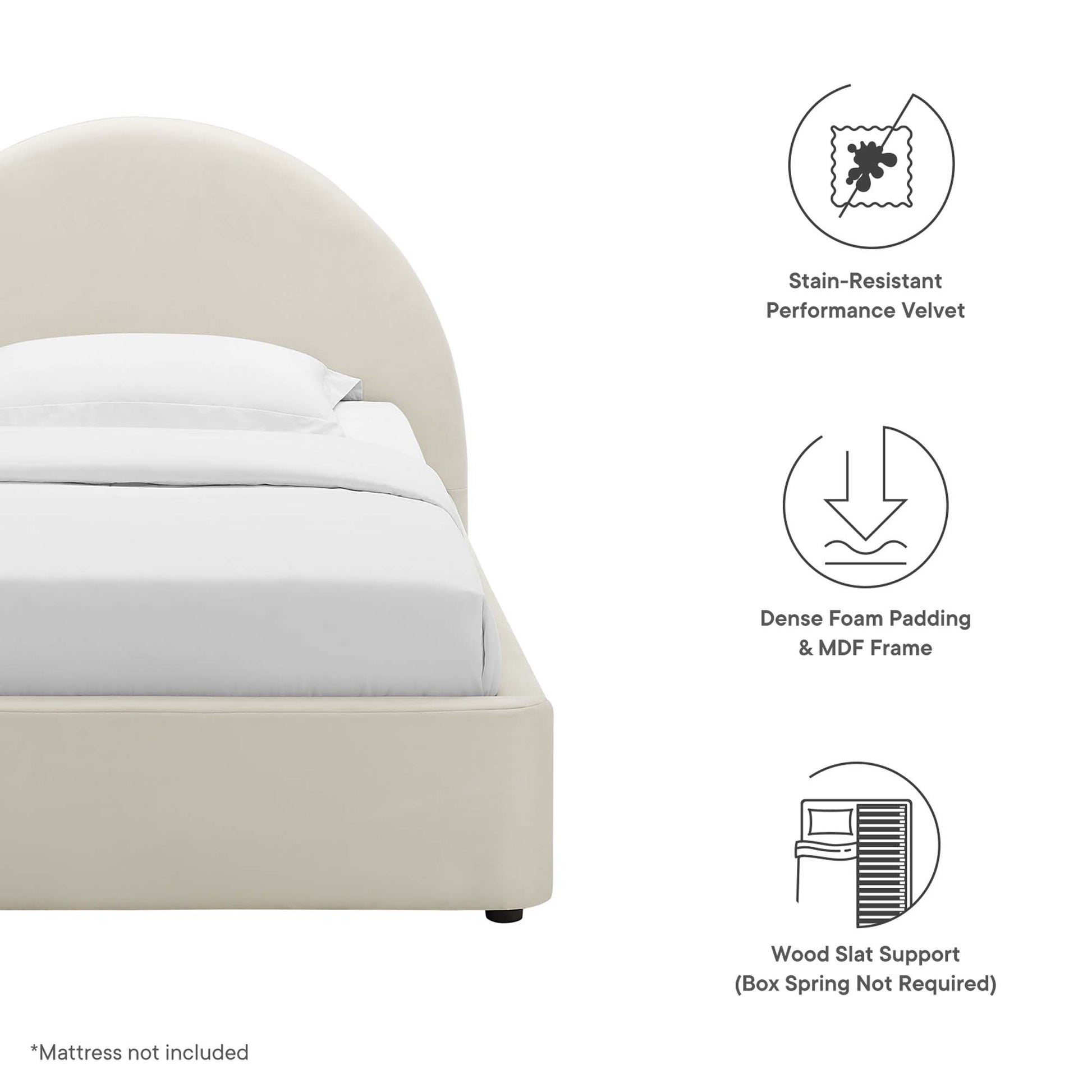 White arched round twin platform bed with white bedding; stain-resistant velvet, dense foam padding & MDF frame, wood slat support.