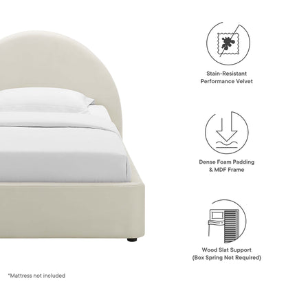 White arched round twin platform bed with white bedding; stain-resistant velvet, dense foam padding & MDF frame, wood slat support.