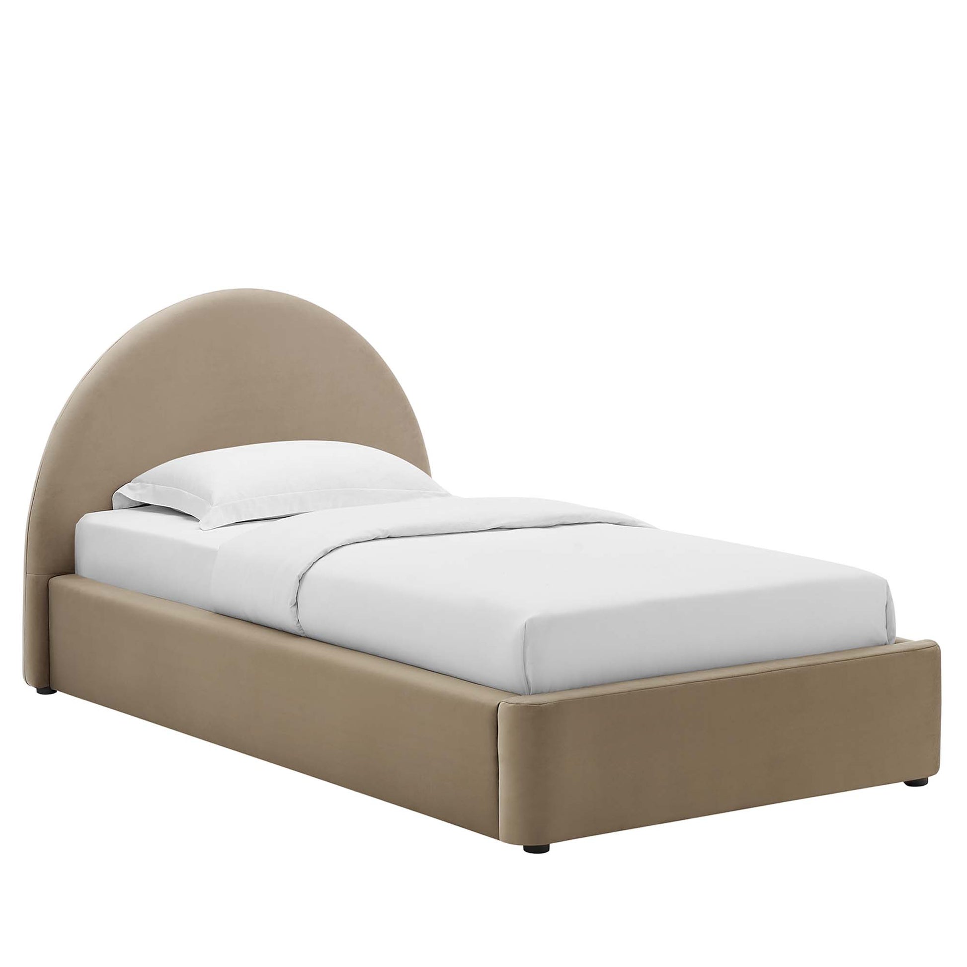 Taupe fabric upholstered platform bed with rounded arched headboard & low-profile frame, white bedding.