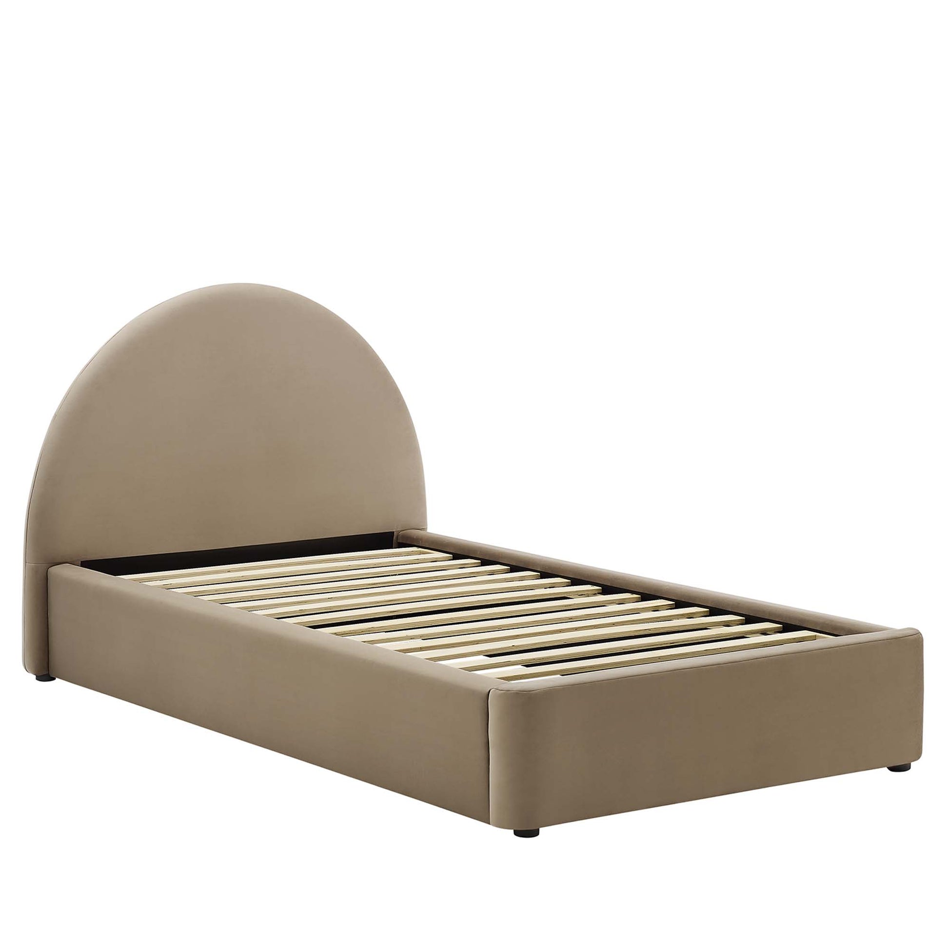 Taupe velvet upholstered twin platform bed with arched headboard and wooden slat base.