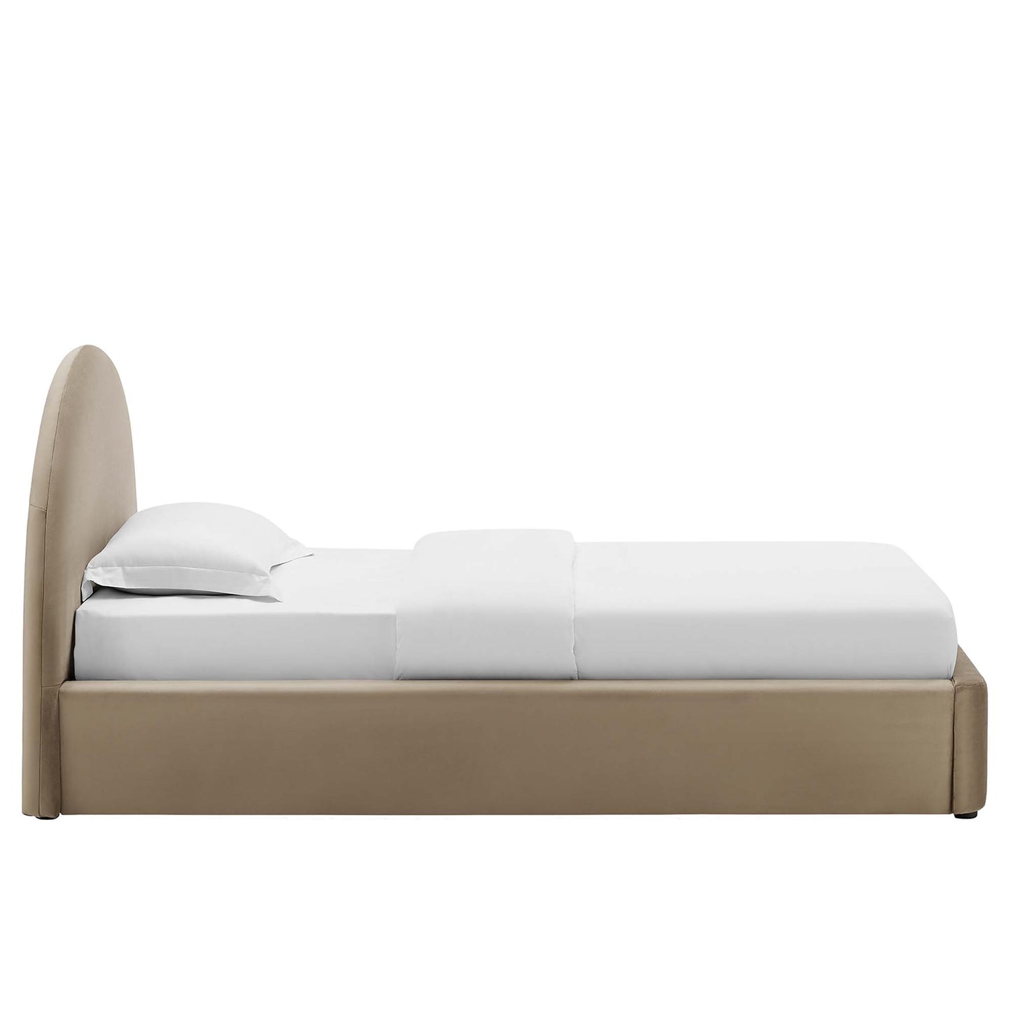 Taupe fabric platform bed frame with curved arched headboard and white bedding.
