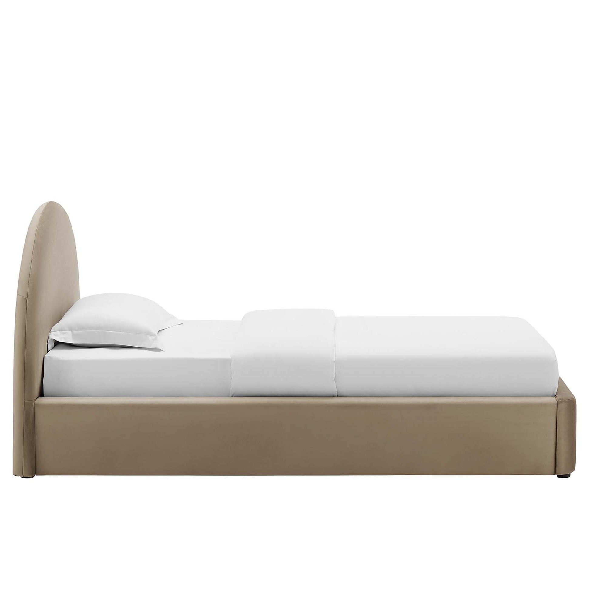 Taupe fabric platform bed frame with curved arched headboard and white bedding.