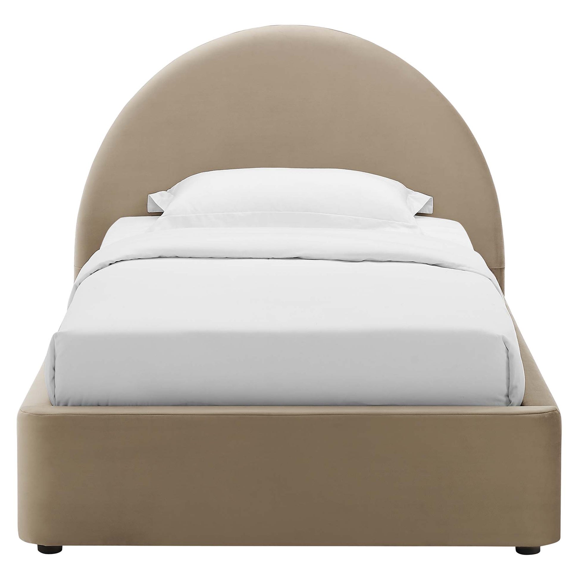 Taupe upholstered platform bed with a tall rounded arch headboard and white bedding.