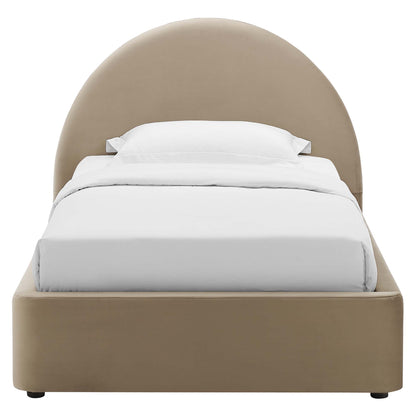 Taupe upholstered platform bed with a tall rounded arch headboard and white bedding.
