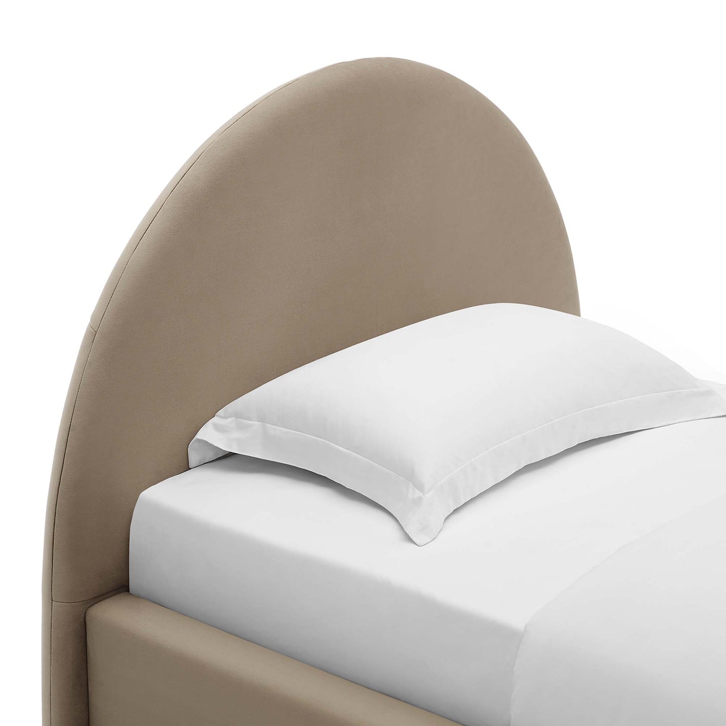 Taupe curved velvet upholstered arched twin platform bed with white bedding and pillow.