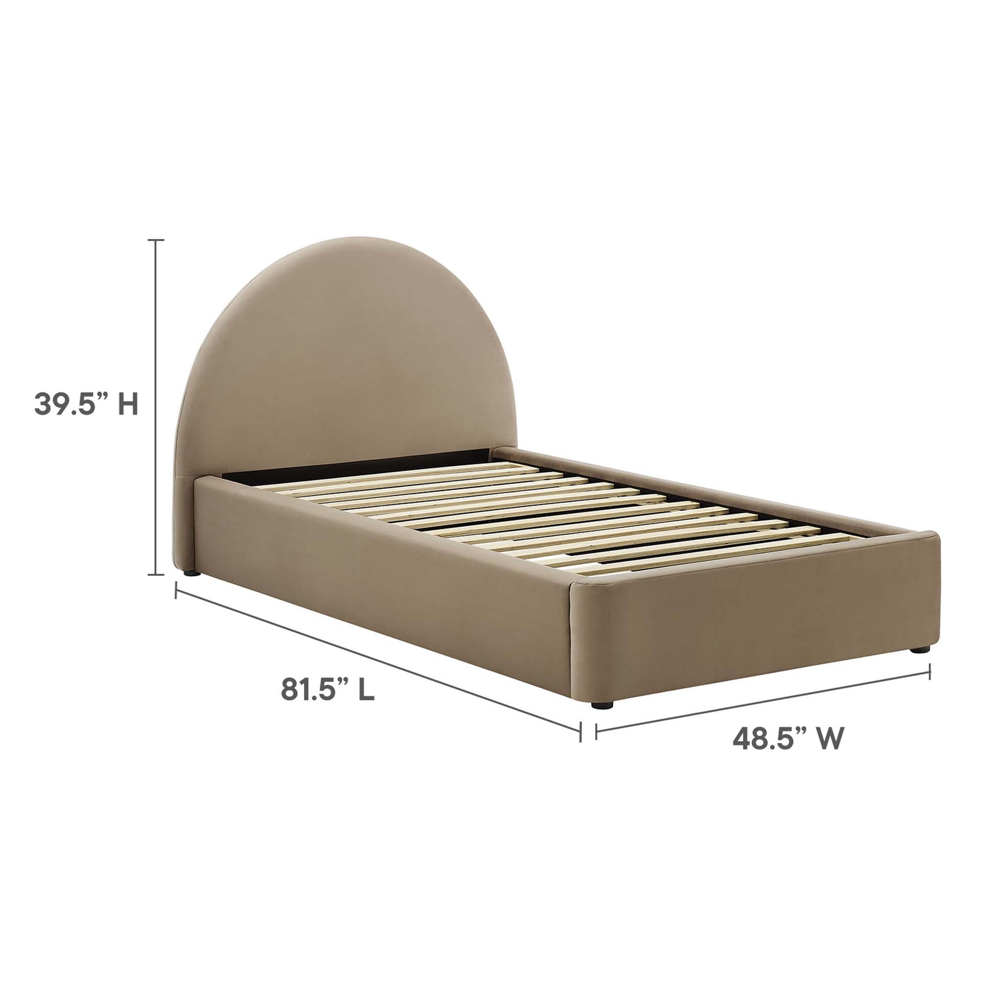 Brown upholstered platform bed with rounded arched headboard and slatted base; 81.5" L x 48.5" W, modern style.