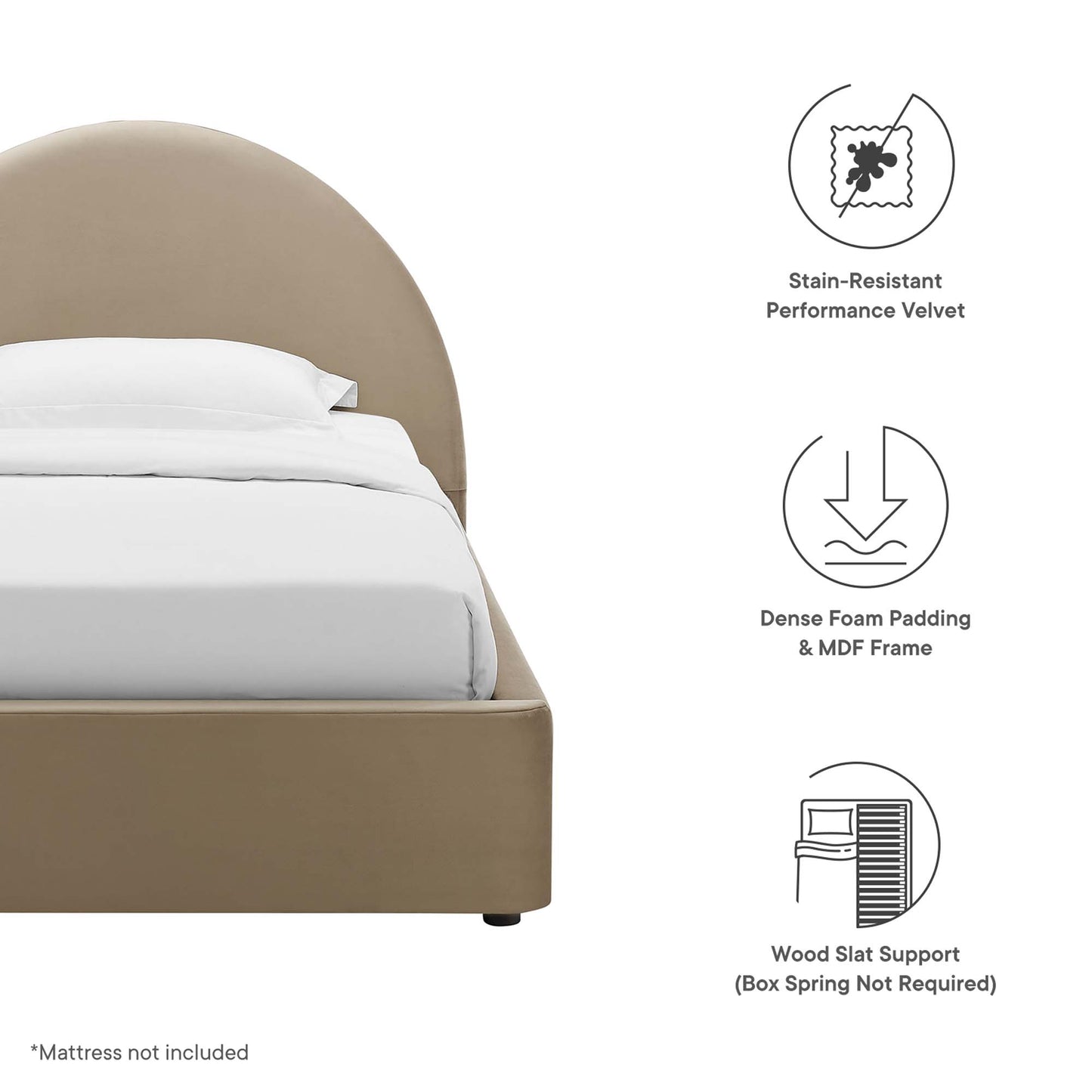 Taupe velvet bed with curved upholstered headboard, dense foam padding, MDF frame, wood slat support; mattress not included.