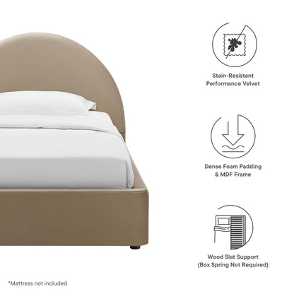Taupe velvet bed with curved upholstered headboard, dense foam padding, MDF frame, wood slat support; mattress not included.