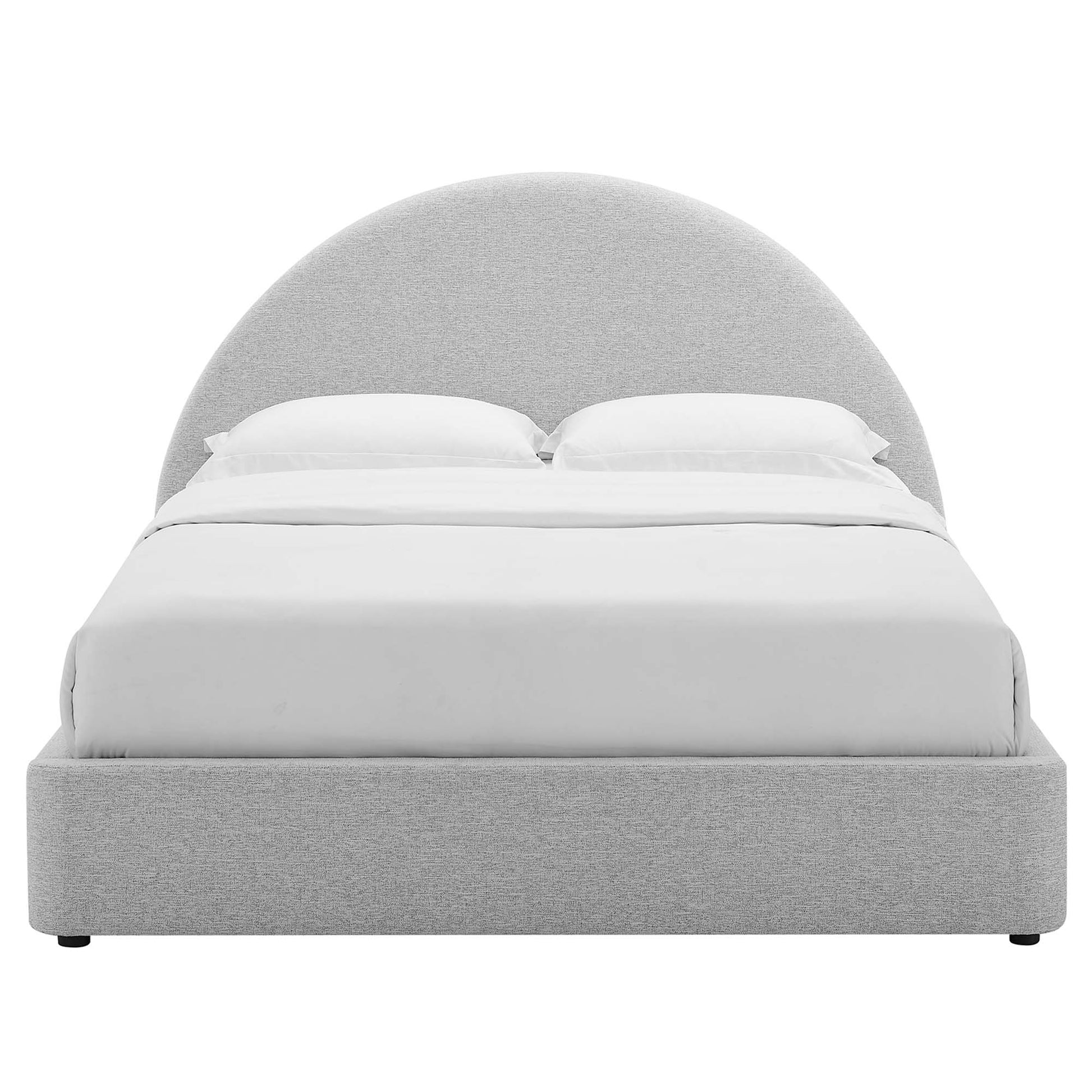 Light gray upholstered platform bed with an arched round headboard and white bedding.