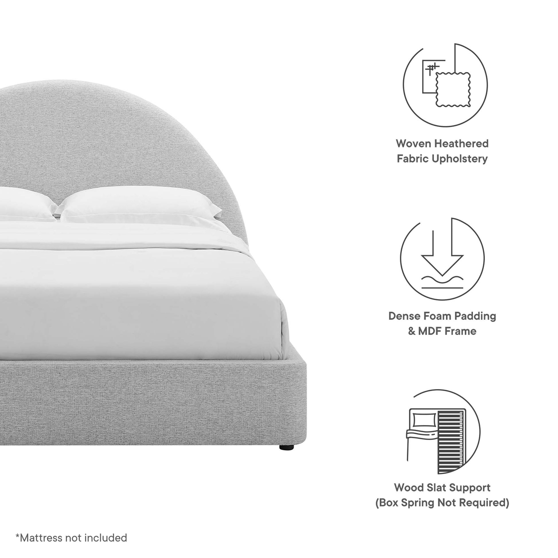 Grey upholstered platform bed with arched headboard, white bedding; dense foam padding, MDF frame, wood slat support.