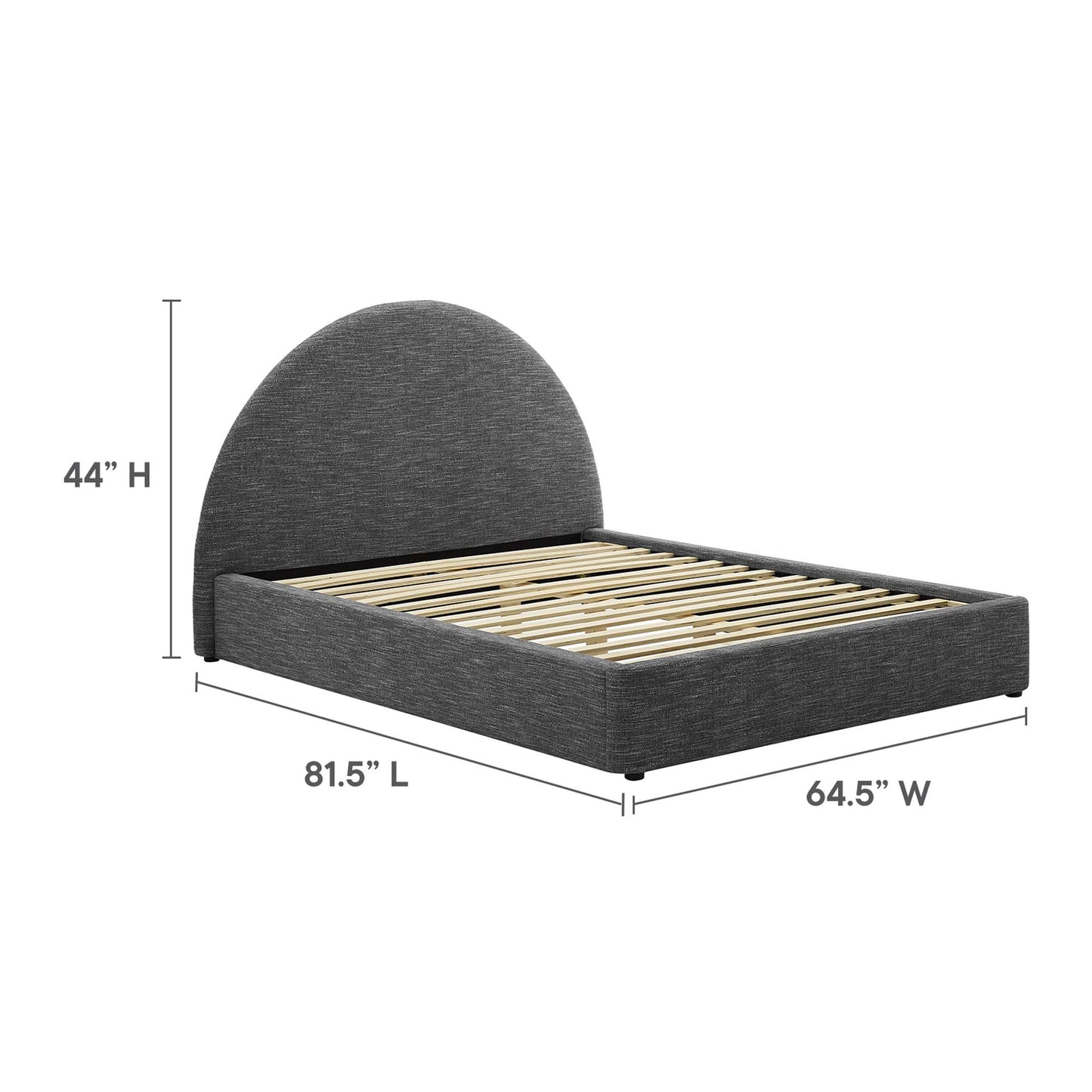 Grey fabric upholstered platform bed with curved padded headboard and wooden slats; 81.5L x 64.5W x 44H
