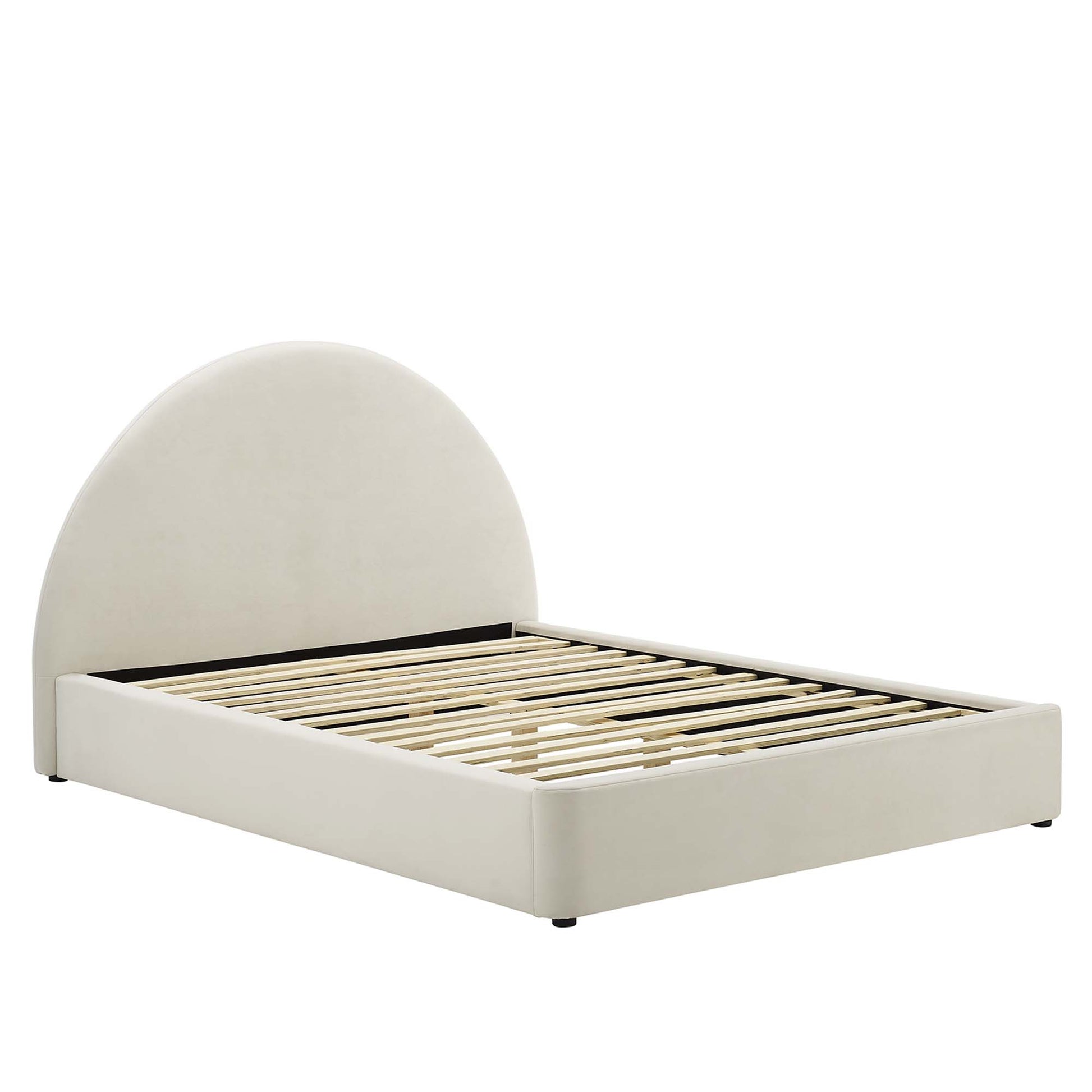 Cream upholstered bed frame with arched headboard and wooden slats, minimalist modern bedroom style.