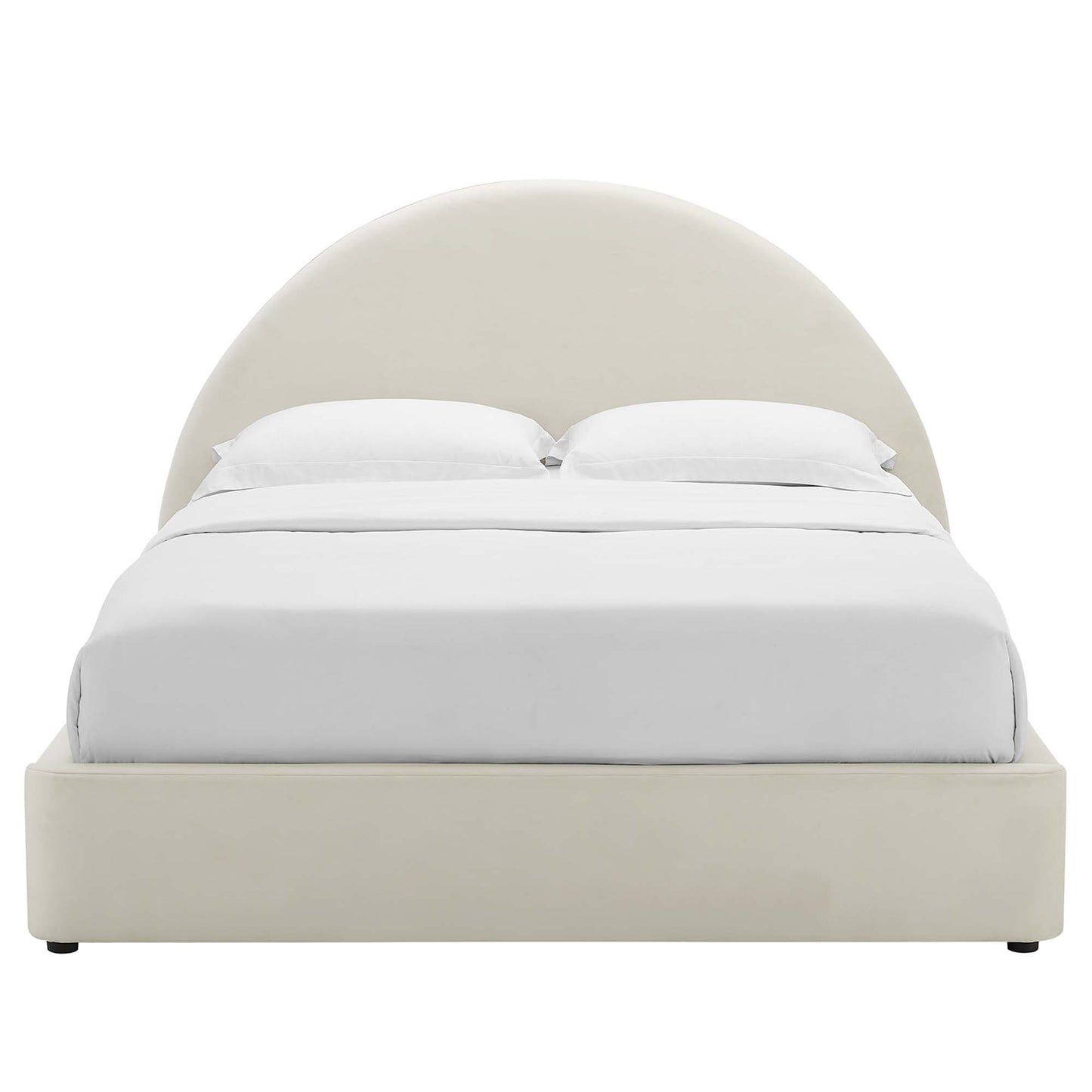 MOD-7131-ALA cream upholstered platform bed with large curved headboard and white bedding