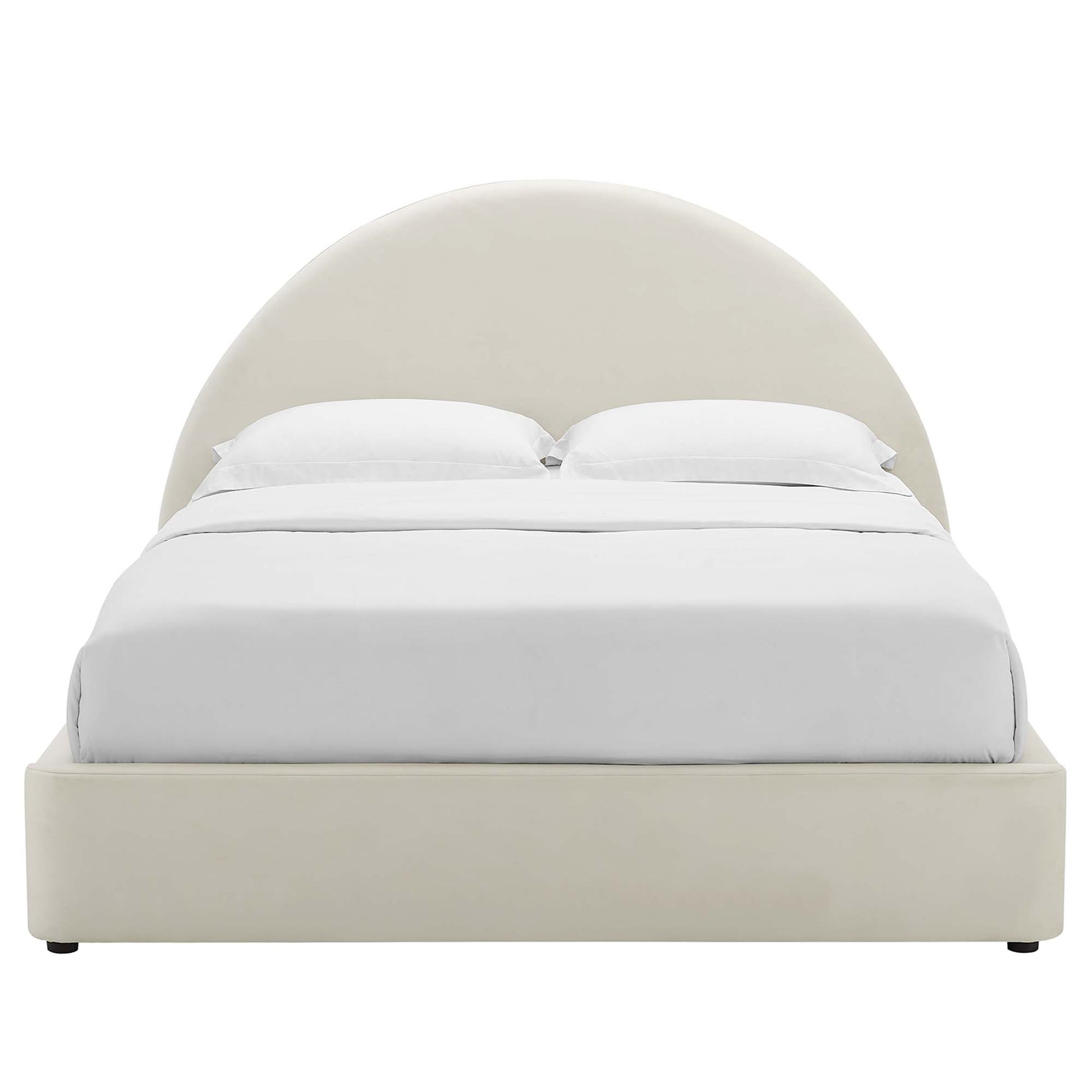 MOD-7131-ALA cream upholstered platform bed with large curved headboard and white bedding