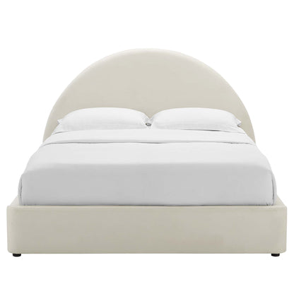 MOD-7131-ALA cream upholstered platform bed with large curved headboard and white bedding