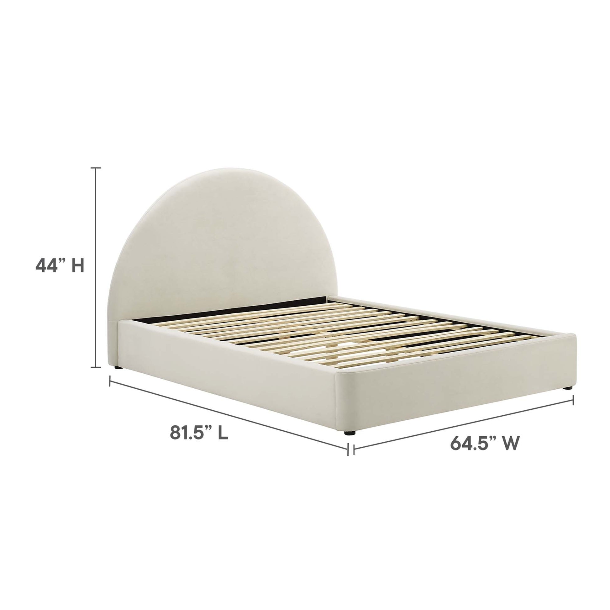 Cream upholstered bed with curved arched headboard and slatted foundation; modern platform frame, 81.5" L x 64.5" W, 44" H.
