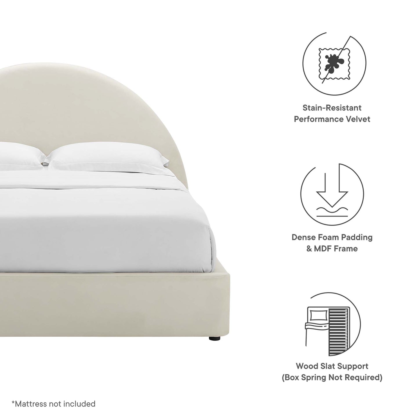 Cream upholstered platform bed with curved headboard and low-profile frame, foam padding and wood slat support