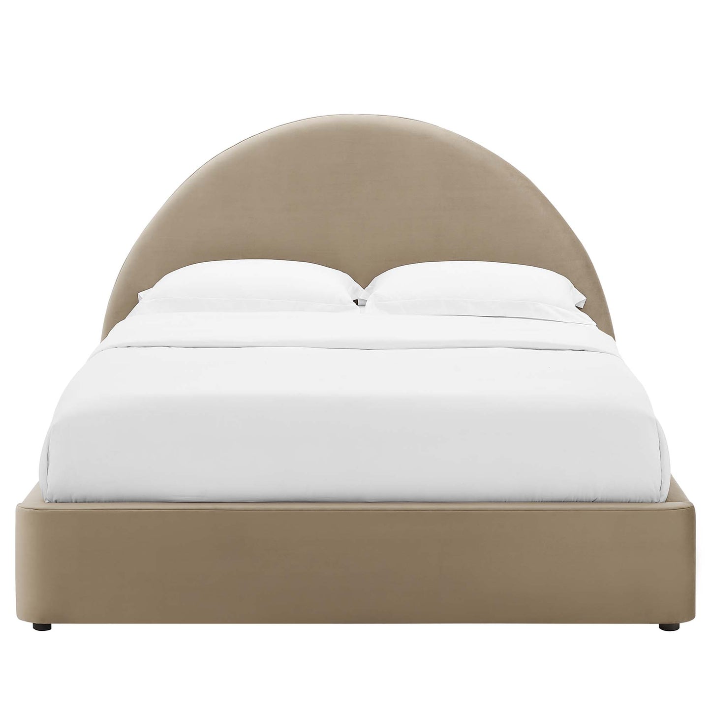 Brown upholstered full platform bed with a rounded arched headboard and white duvet and pillows.