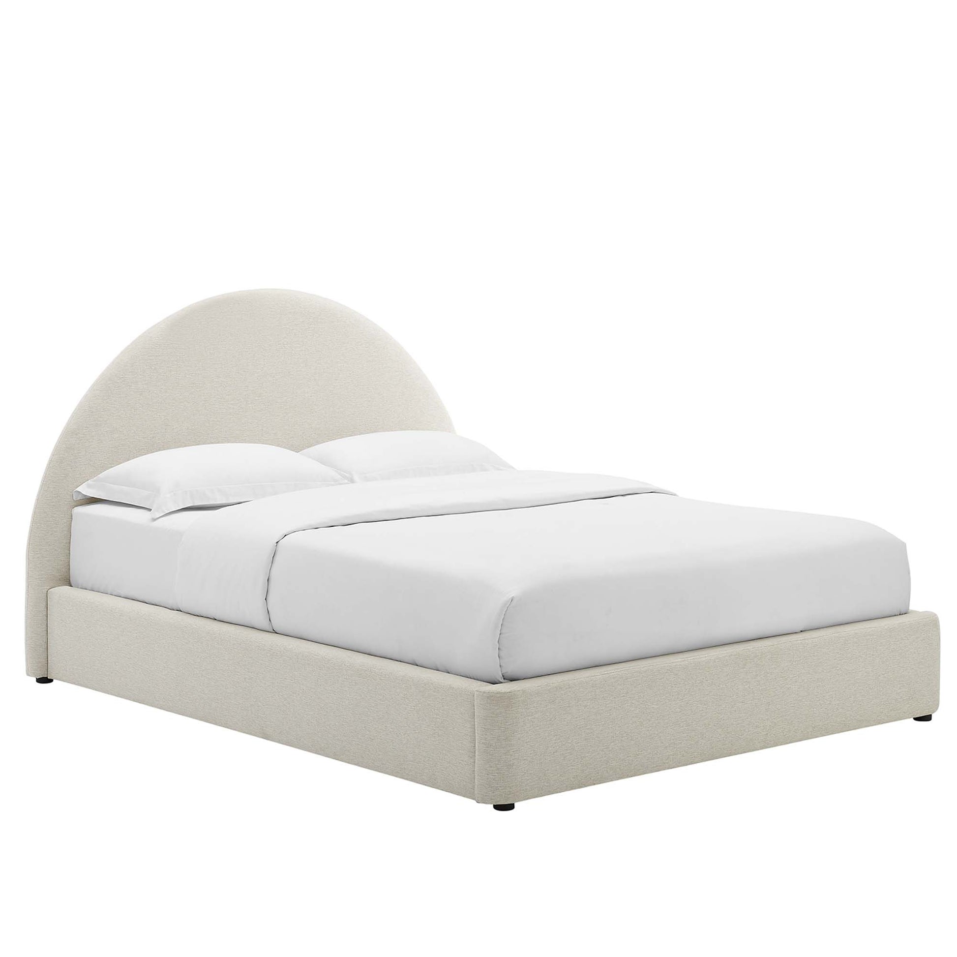 White upholstered platform bed with a rounded arched headboard and white bedding.