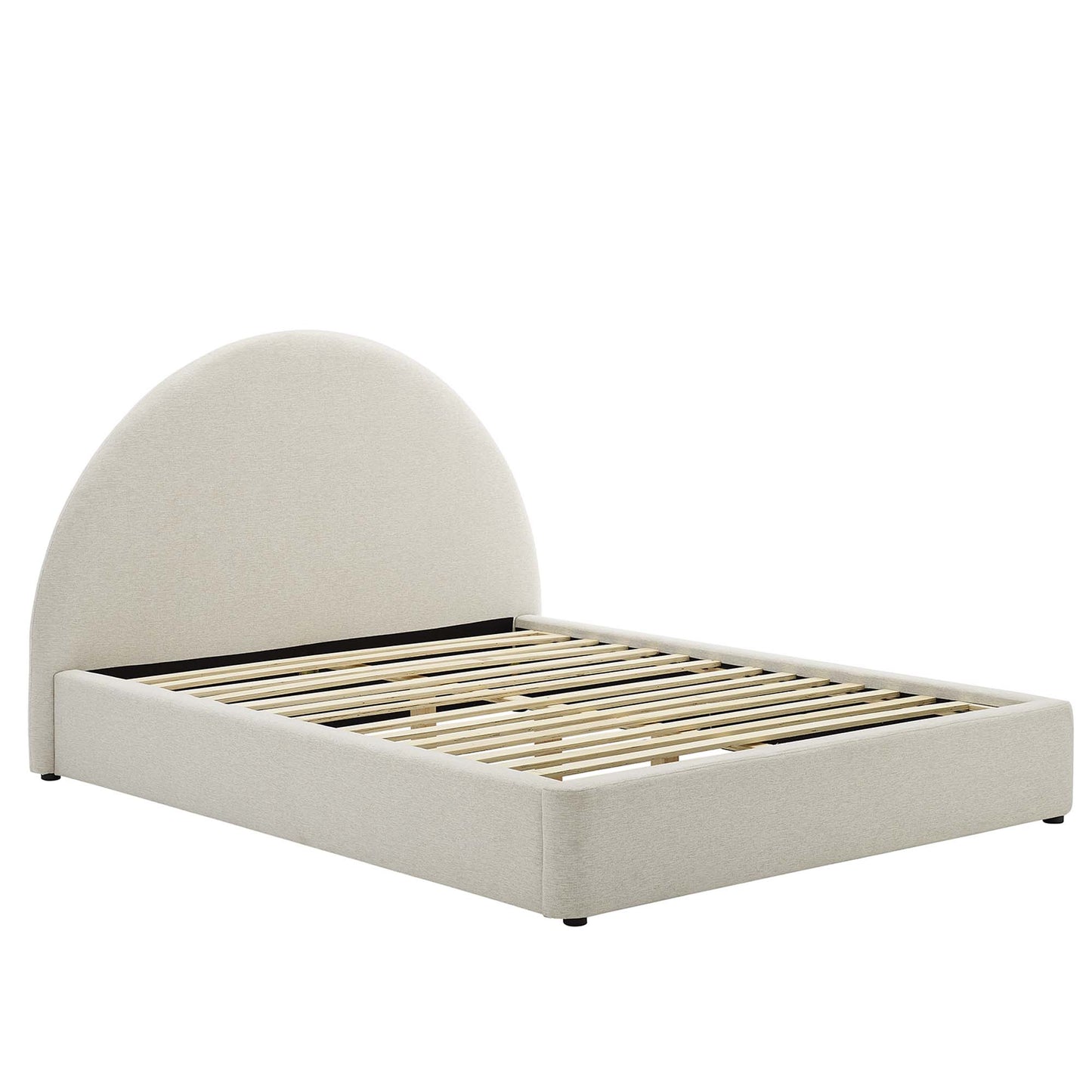White upholstered platform bed with a rounded arched headboard and wooden slats base.
