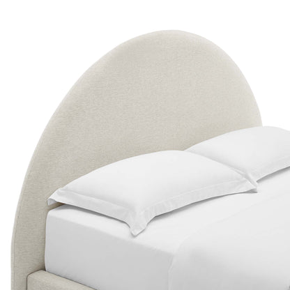 Light beige curved upholstered headboard with white bedding & pillows, modern bed.
