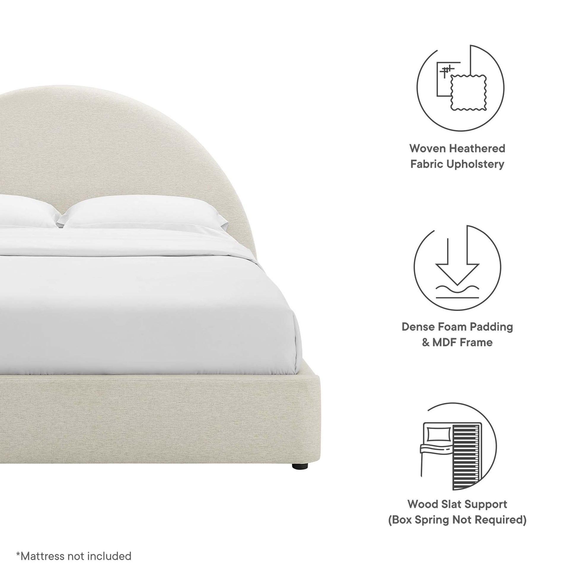 White upholstered arched round queen platform bed with curved headboard; woven fabric, dense foam padding, MDF frame; wood slat support.