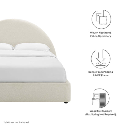 White upholstered arched round queen platform bed with curved headboard; woven fabric, dense foam padding, MDF frame; wood slat support.