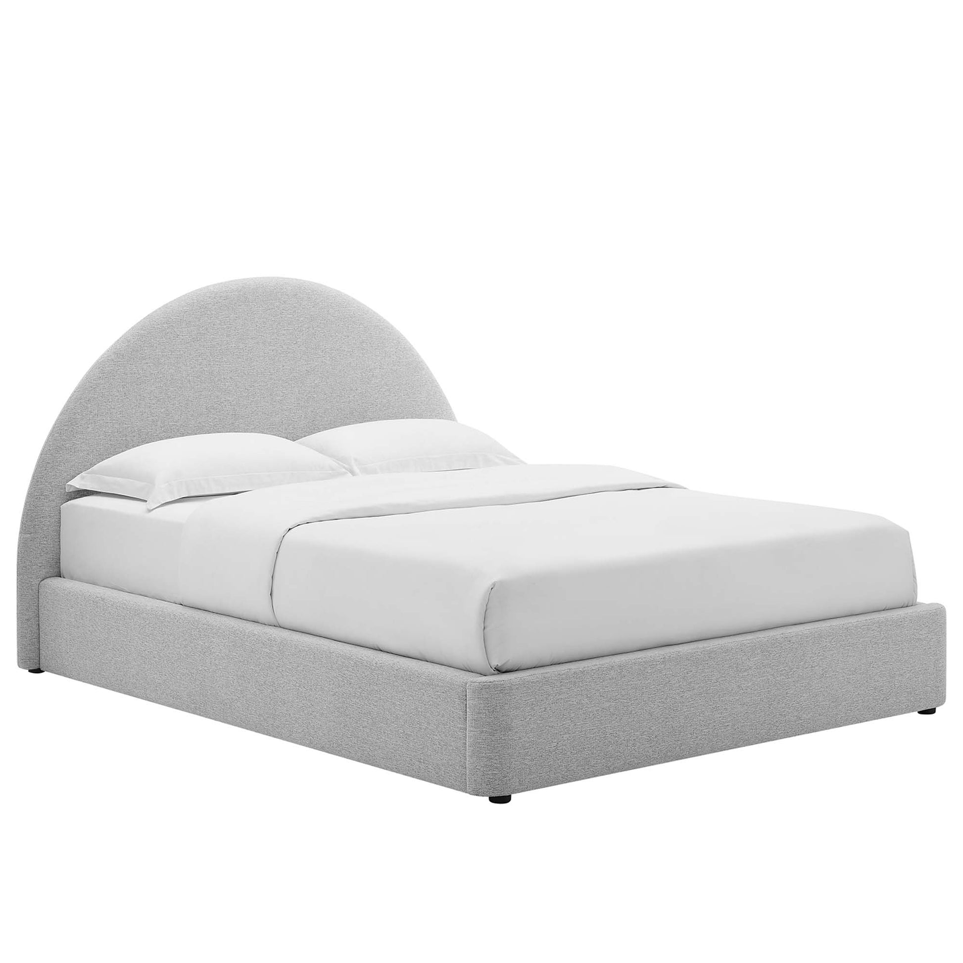 Gray fabric upholstered queen platform bed with an arched round headboard & white linens.