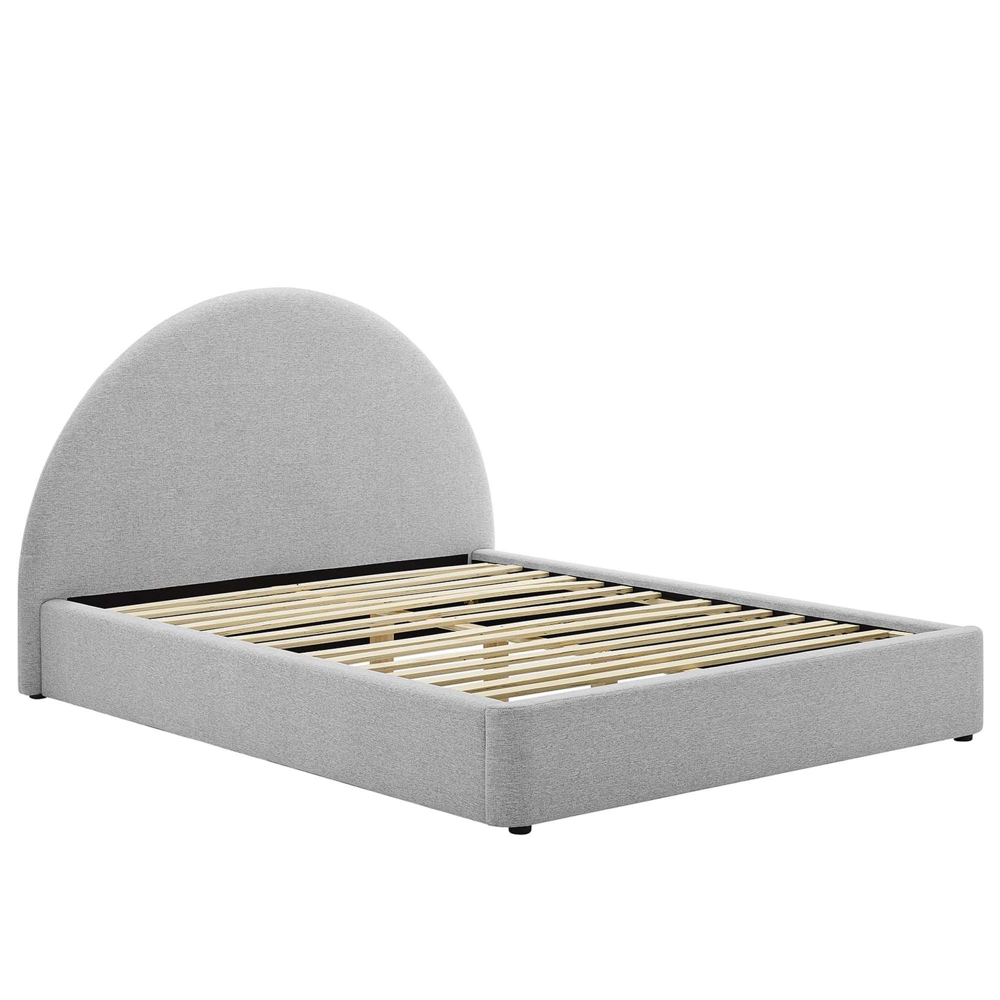 Light gray upholstered platform bed with a rounded headboard & slatted wooden base.