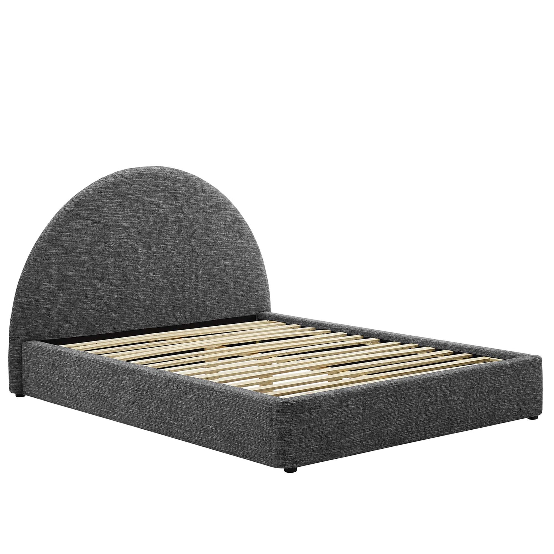 Charcoal gray fabric upholstered platform bed with curved arched headboard and wooden slats.