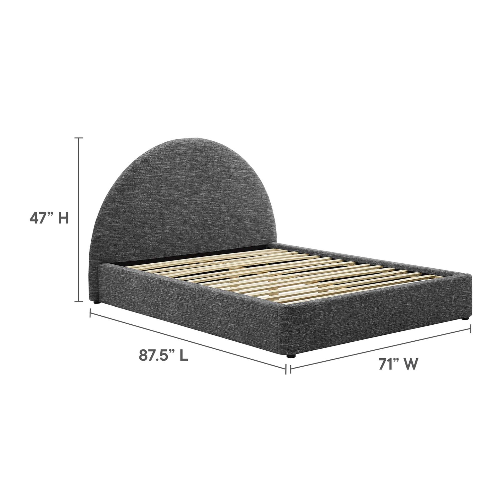 Dark gray upholstered arched round queen platform bed with a tall curved headboard and visible wooden slats; modern minimalist design