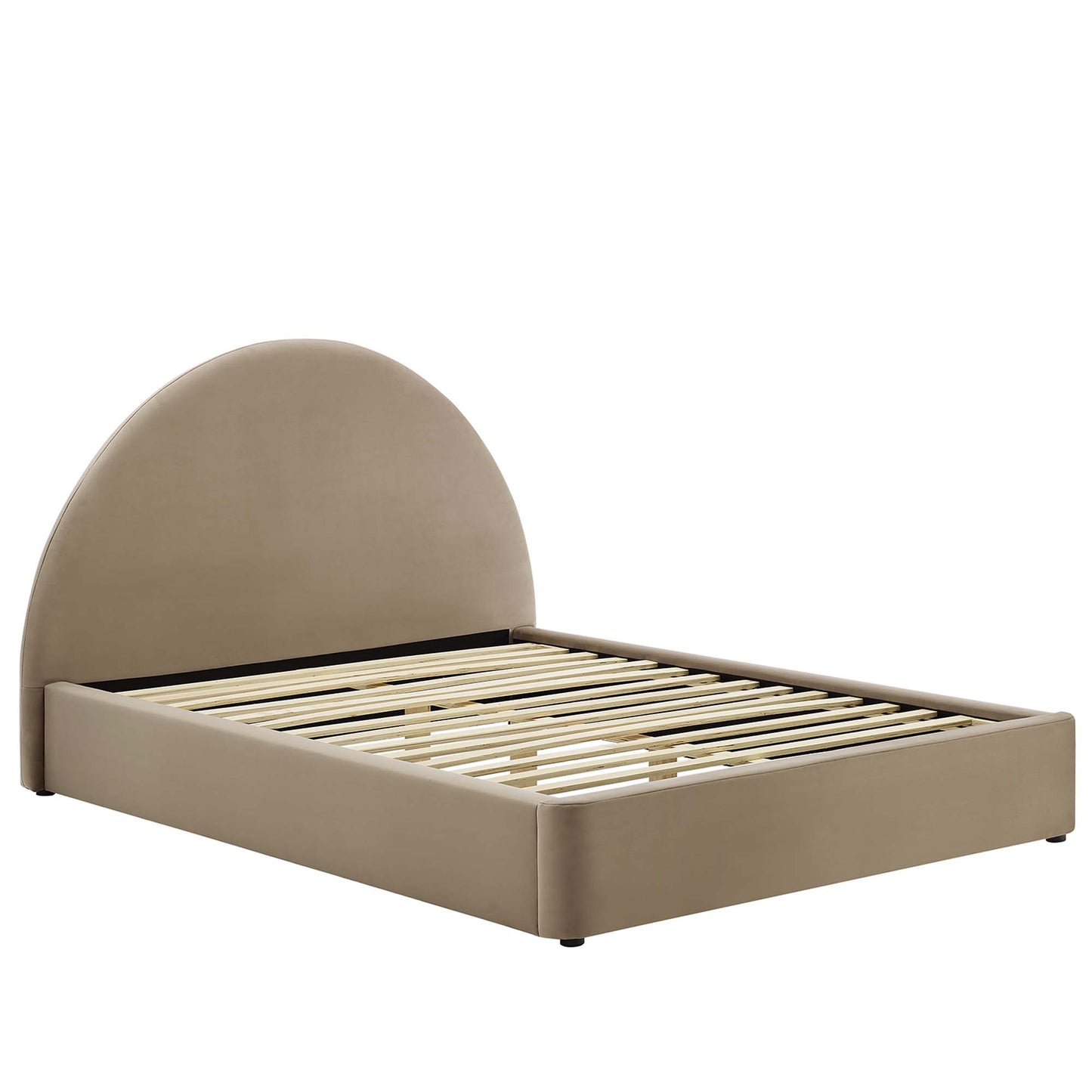 Taupe upholstered platform bed with rounded arched headboard and slatted base.