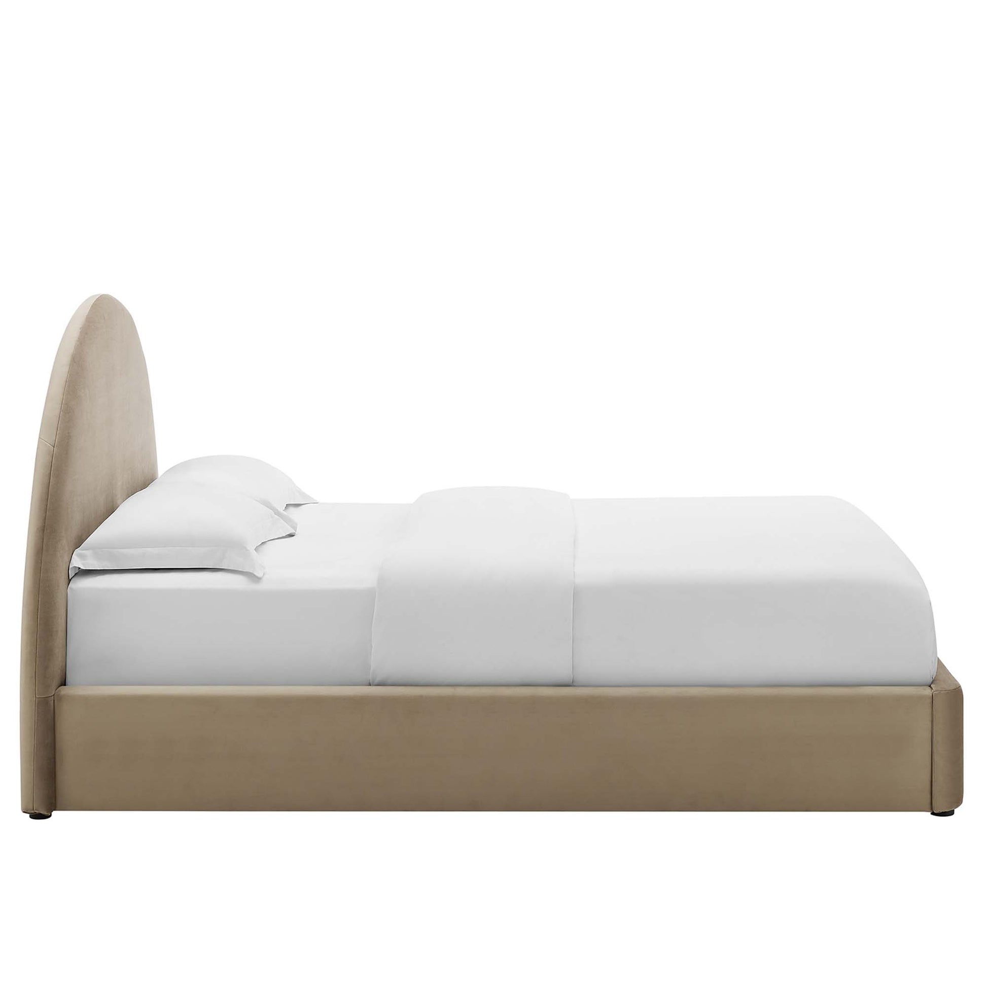 Taupe upholstered platform bed with a rounded arched headboard and white bedding.
